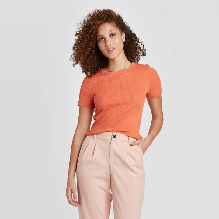 Women's Slim Fit Short Sleeve Crewneck Rib T-shirt - A New Day Orange