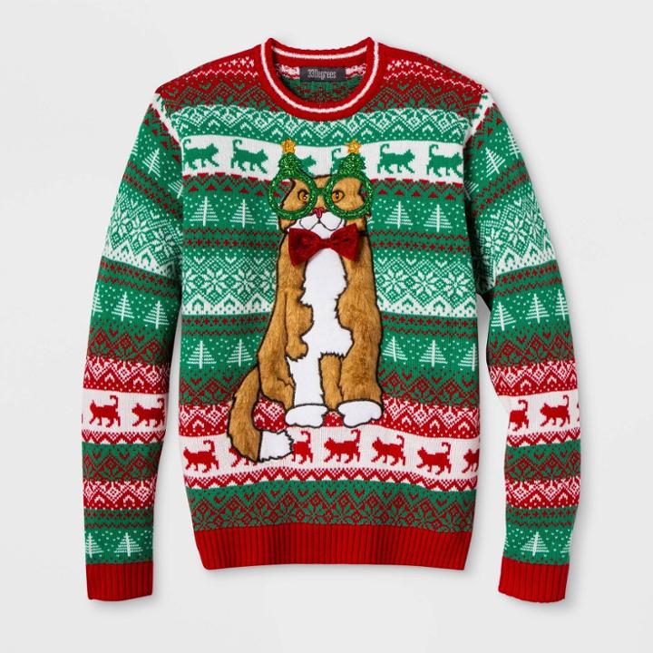 33 Degrees Men's Ugly Christmas Cat With Glasses Sweater - Red M,