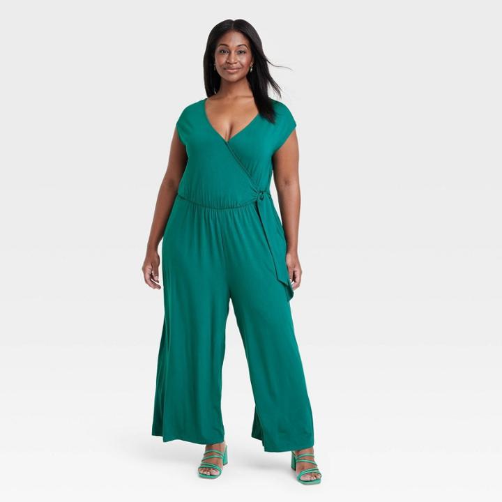 Women's Short Sleeve Wide Leg Jumpsuit - Ava & Viv Teal Blue