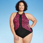 Women's Plus Size Zip-up Racerback One Piece Swimsuit - Aqua Green Pink