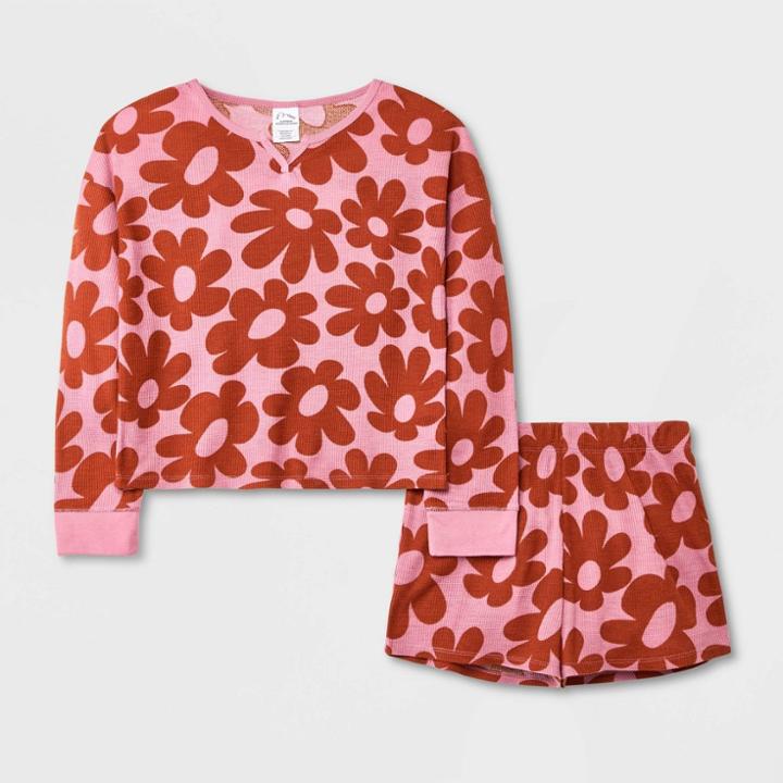 Girls' Retro Floral Long Sleeve Pajama Set - Art Class Rose/orange