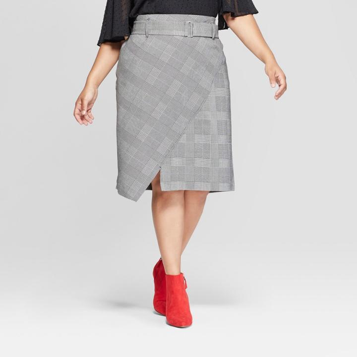 Women's Plus Size Plaid Asymmetrical Hem Midi Skirt - Ava & Viv Gray X