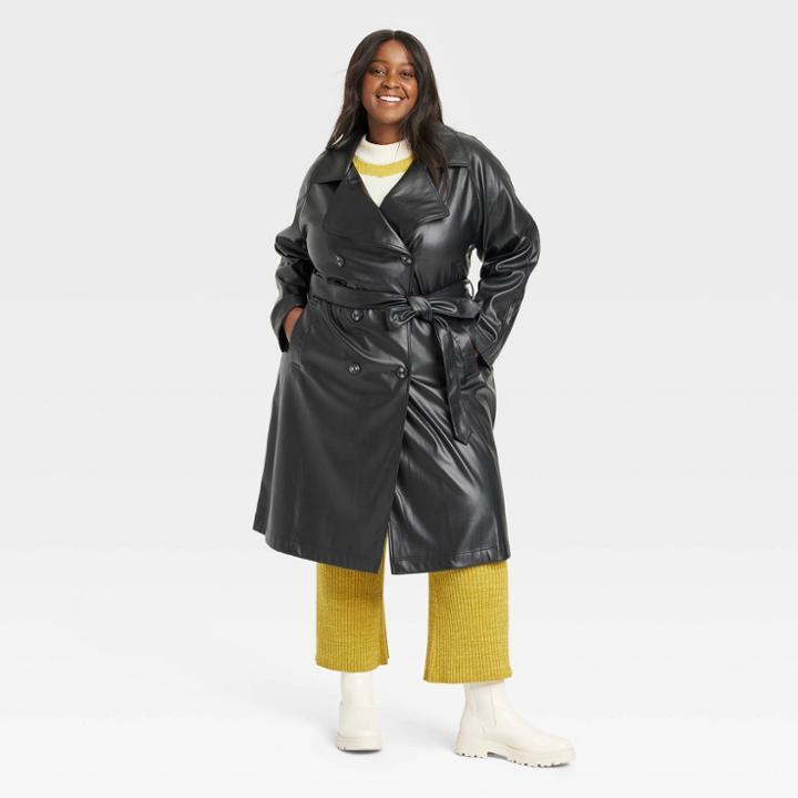 Women's Plus Size Faux Leather Belted Trench Coat - Ava & Viv Black
