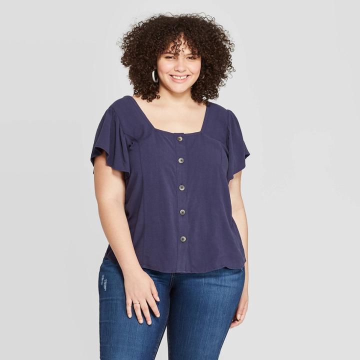 Women's Plus Size Short Sleeve Square Neck Button Front Top - Universal Thread Navy (blue)