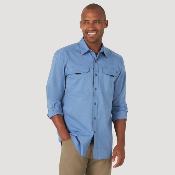 Wrangler Men's Atg David Woven Button-down Shirt - Dark Blue Heather