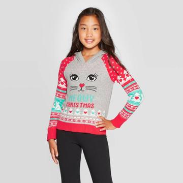 Well Worn Girls' Meowy Fair Isle Ugly Christmas Sweater - Gray S, Girl's,