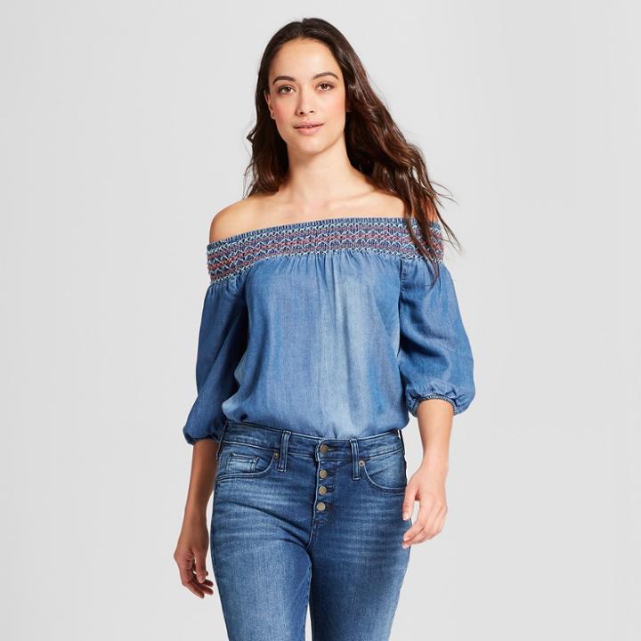Women's 3/4 Sleeve Contrast Embroidered Off The Shoulder Top - Knox Rose Indigo