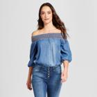 Women's 3/4 Sleeve Contrast Embroidered Off The Shoulder Top - Knox Rose Indigo