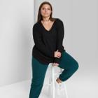 Women's Plus Size Long Sleeve V-neck Cozy Ribbed T-shirt - Wild Fable Black