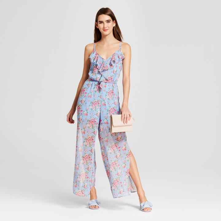 Women's Floral Print Ruffle Halter Jumpsuit - Love @ First Sight (juniors') Blue