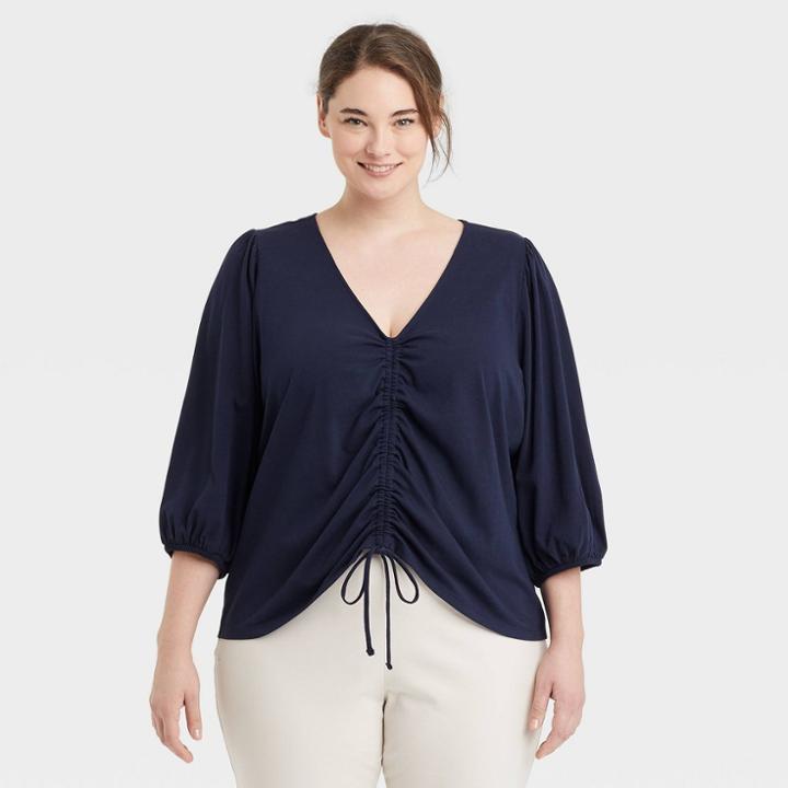 Women's Plus Size Puff 3/4 Sleeve V-neck Front Ruched Top - A New Day Navy Blue