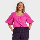 Women's Plus Size Puff Short Sleeve Top - A New Day Magenta