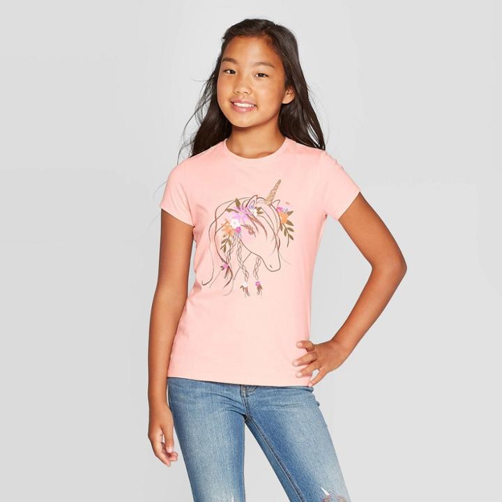 Petitegirls' Short Sleeve Flower Unicorn Graphic T-shirt - Cat & Jack Light Peach L, Girl's, Size: