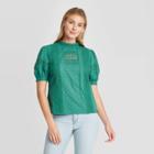 Women's Puff Elbow Sleeve Eyelet Blouse - Universal Thread Teal