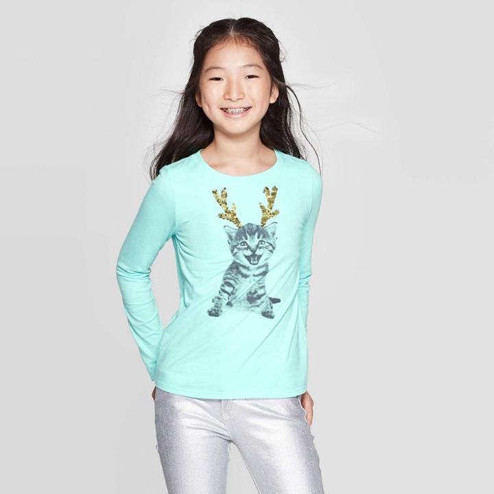 Girls' Long Sleeve Flip Sequin Cat T-shirt - Cat & Jack Mint L, Girl's, Size: