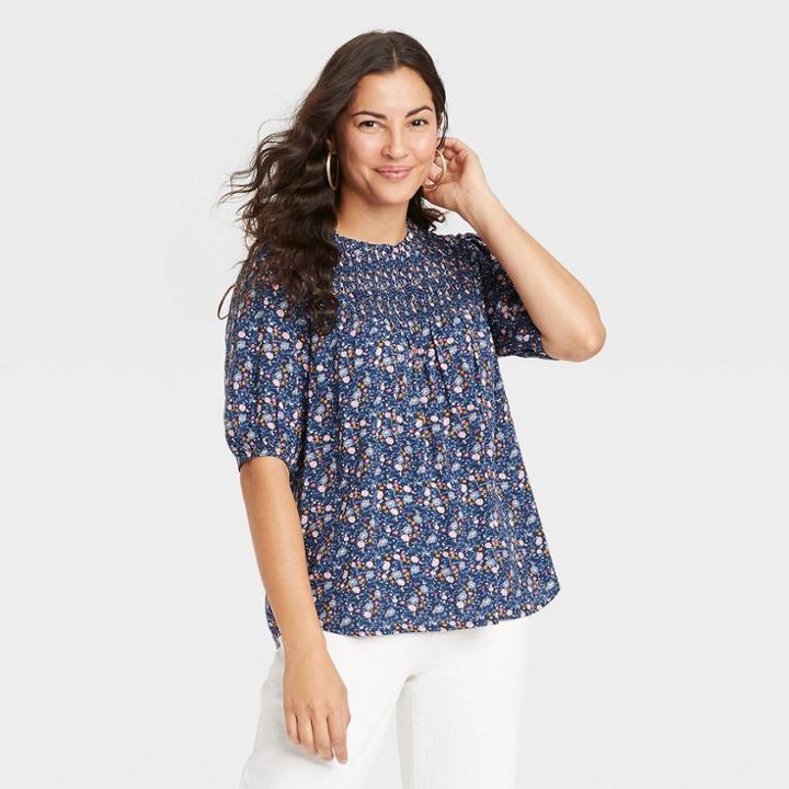 Women's Bishop 3/4 Sleeve Smocked Top - Knox Rose Navy Floral Xs, Blue Floral