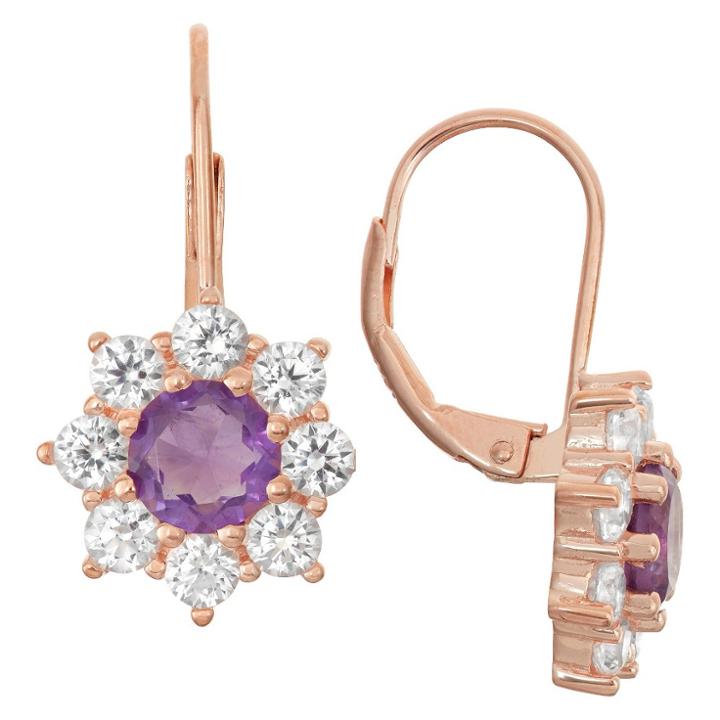 3 4/9 Tcw Tiara Rose Gold Over Silver Amethyst Snowflake Leverback Earrings
