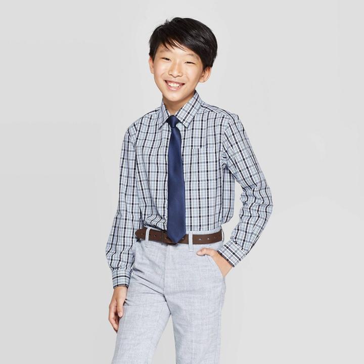 Wd·ny Black Boys' Long Sleeve Plaid Button-down Shirt With Tie - Wd.ny Black - Blue/navy