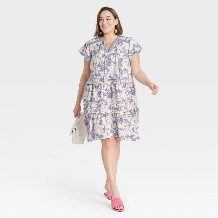 Women's Plus Size Floral Print Flutter Short Sleeve Knit Tiered Dress - Knox Rose