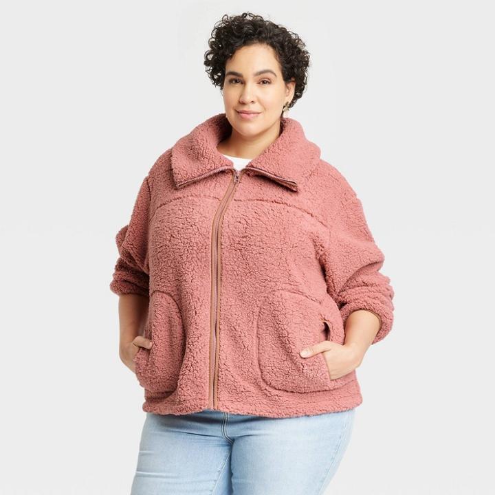 Women's Plus Size Hooded Sherpa Anorak Jacket - Universal Thread Pink