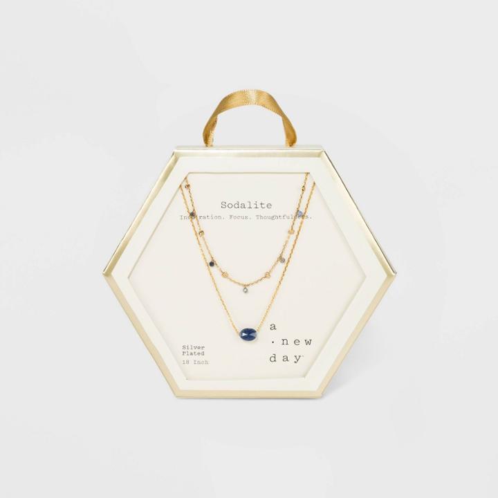 Gold Plated Light Blue Healing Stone Station Duo Necklace - A New Day Blue, Women's,