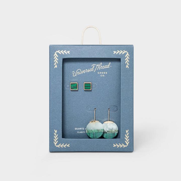 Boxed Duo With Quartz, Jade, And Malachite Semi-precious Stones Earring Set - Universal Thread Green, Women's