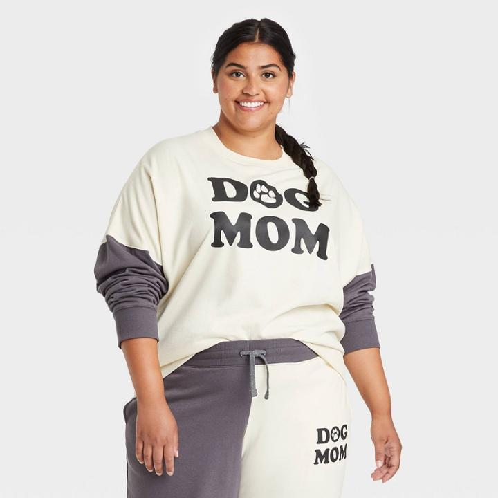 Modern Lux Women's Plus Size Dog Mom Colorblock Graphic Sweatshirt - Off-white/gray