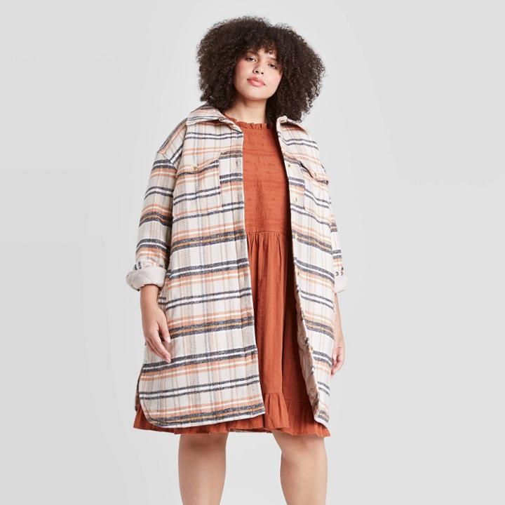 Women's Plus Size Mid Length Plaid Shirt Jacket - Universal Thread
