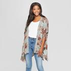 Women's Floral Print Short Sleeve Kimono With Lace Trim - Xhilaration Blue
