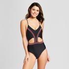 Women's Cut-out Embroidery Trim One Piece Swimsuit - Xhilaration Black