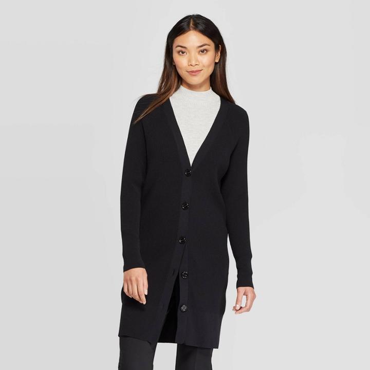 Women's Long Sleeve Ribbed Open Front Cardigan - Prologue Black L, Women's,