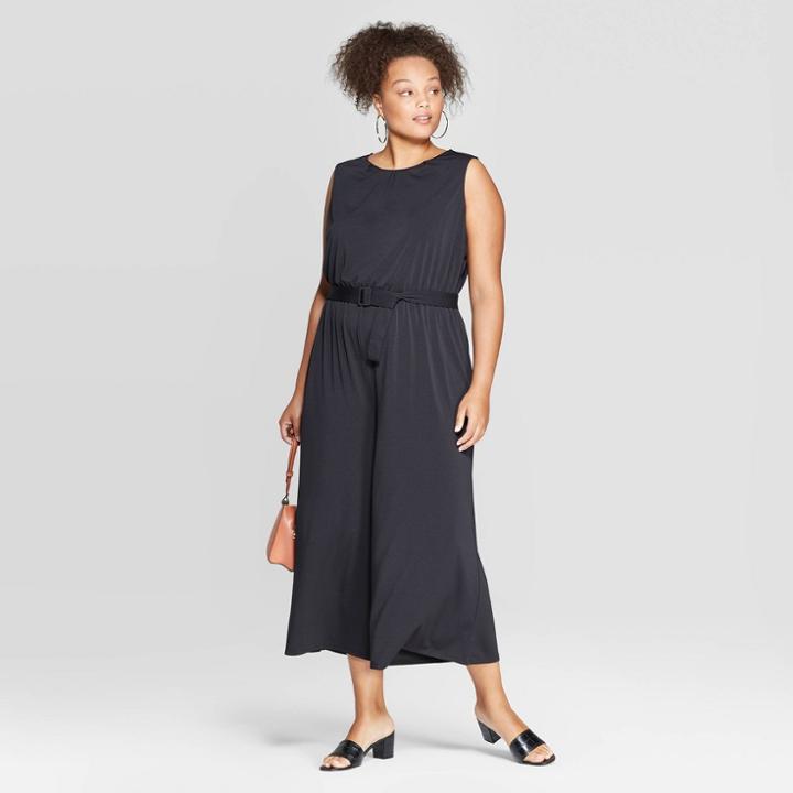 Women's Plus Size Sleeveless Crewneck Belted Knit Jumpsuit - Ava & Viv Black