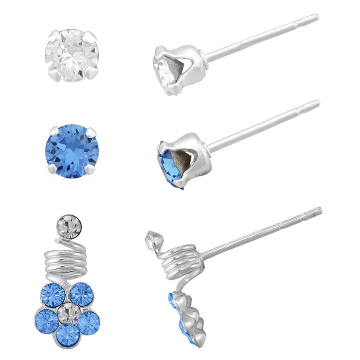 Target Girls' Sterling Silver 3 Pr Crystal Studs(2) & Flower Earring Set-white/sapphire-4mm