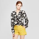 Women's Floral Print Long Sleeve Blouse - A New Day Black/cream