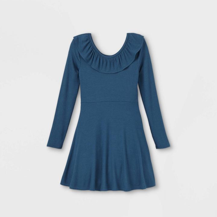 Girls' Rib Ruffle Neck Long Sleeve Dress - Art Class Blue