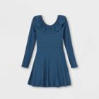 Girls' Rib Ruffle Neck Long Sleeve Dress - Art Class Blue