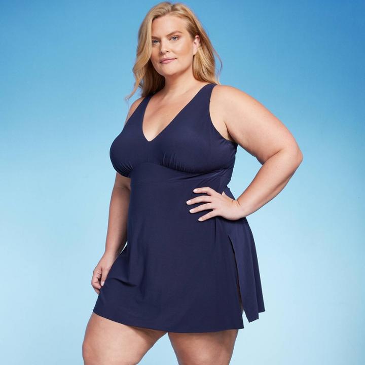 Women's Upf 50 V-neck Side Slit One Piece Swimsuit - Aqua Green Navy Blue