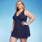 Women's Upf 50 V-neck Side Slit One Piece Swimsuit - Aqua Green Navy Blue