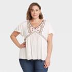 Women's Plus Size Short Sleeve Embroidered Knit Top - Knox Rose White