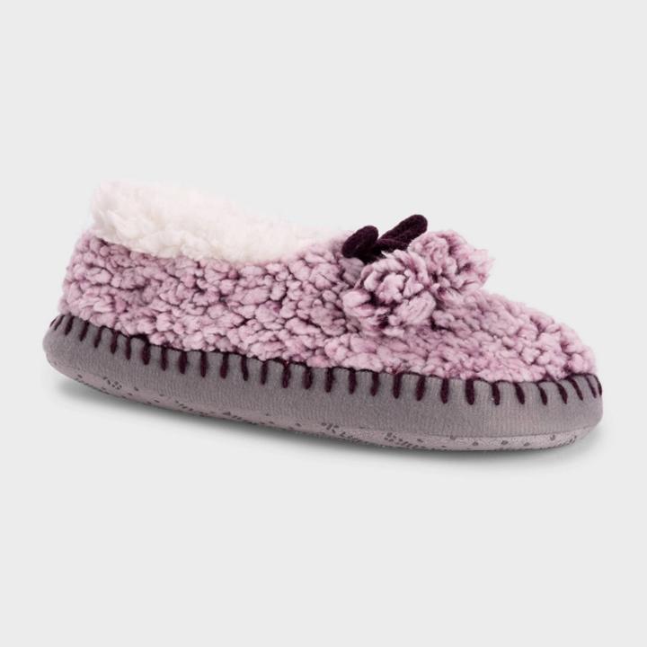 Muk Luks Women's Sherpa Ballerina Slipper Socks With Poms - Purple