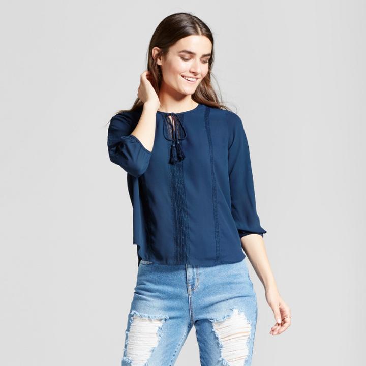 Women's 3/4 Sleeve Lace Trim Blouse With Tassels - Layered With Love - Navy