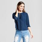 Women's 3/4 Sleeve Lace Trim Blouse With Tassels - Layered With Love - Navy