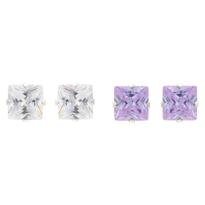 Journee Collection 4 1/2 Ct. T.w. Square-cut Cz Prong Set Stud Earrings Set In Sterling Silver - Light Purple/white, Girl's