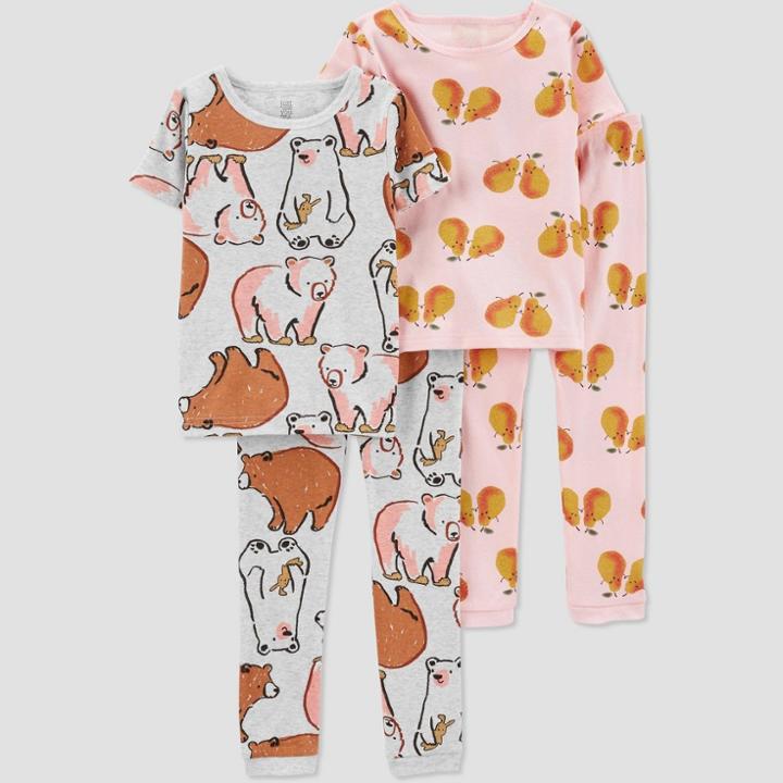 Carter's Just One You Toddler Girls' 4pc Pandas And Peaches Pajama Set - Gray/pink