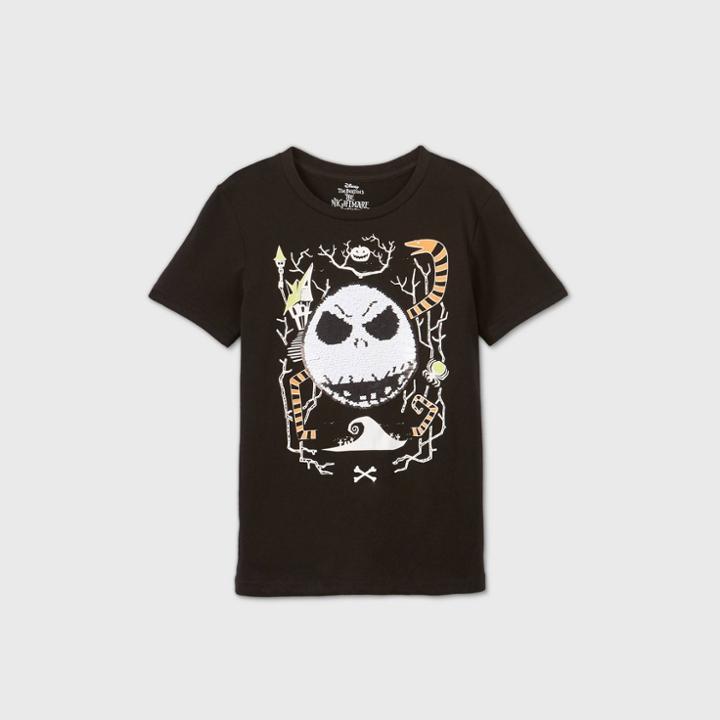 Boys' Short Sleeve Disney The Nightmare Before Christmas Jack Flip Sequin Halloween T-shirt - Black
