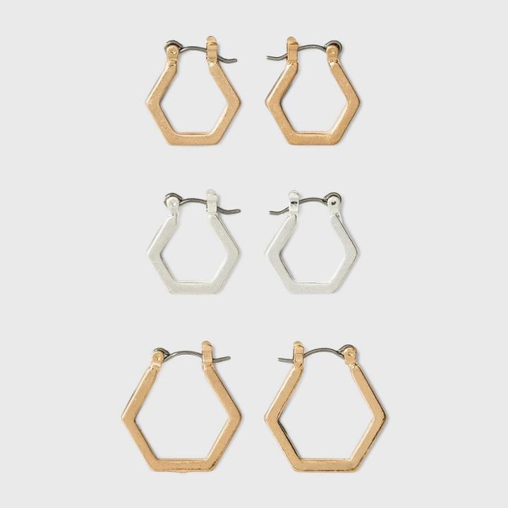 Hexagon Hoop Earring Set 3pc - Universal Thread , Gold/silver