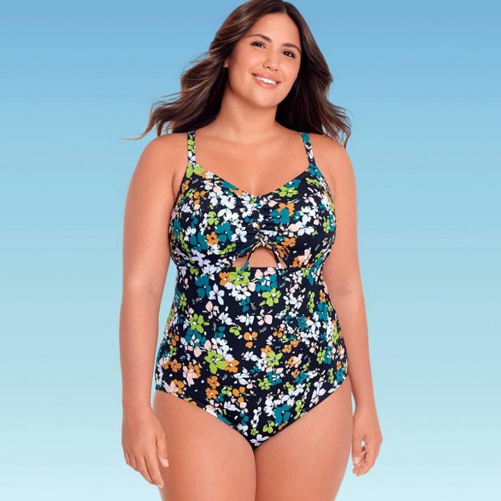 Women's Plus Size Slimming Control Tie-front Cut Out One Piece Swismuit - Beach Betty By Miracle Brands Black Floral