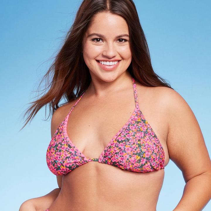 Women's Crochet Trim Triangle Bikini Top - Wild Fable Pink Floral Print