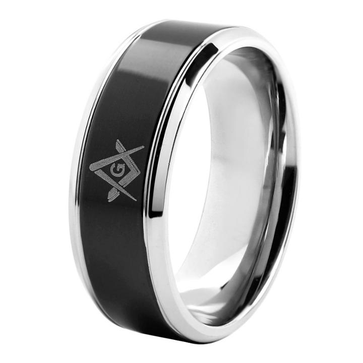 Men's West Coast Jewelry Stainless Steel With Blackplated Masonic Center Band Ring (9), Black/silver