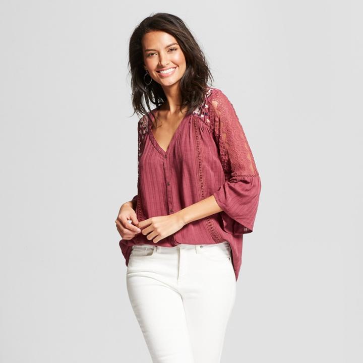 Women's 3/4 Sleeve Embroidered Lace Arm Button Front Blouse - Knox Rose Plum